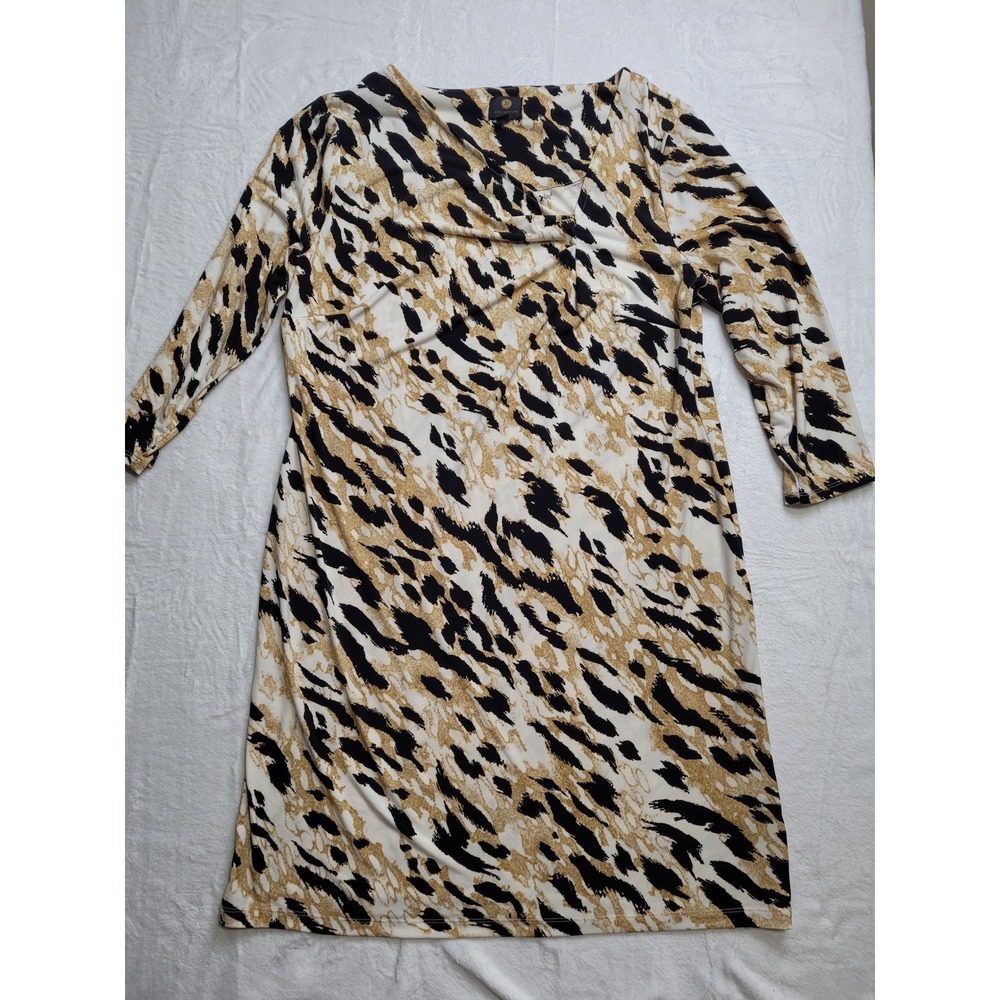 JM Collection Sheath Dress Women XL Tan Black Animal Print Cowl Neck